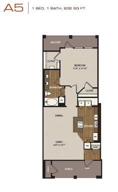 an apartment floor plan with one bedroom and two bathrooms