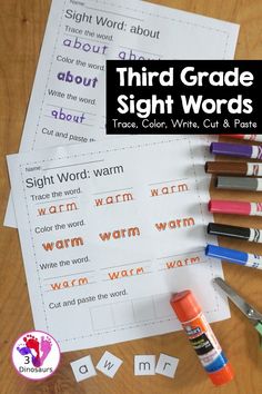 three different sight words are shown on the table with markers and crayon pens