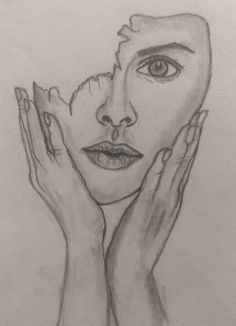 a drawing of a woman holding her hands up to her face and looking at the camera