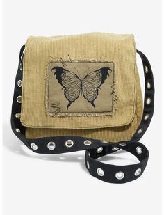 Butterfly Skeleton Corduroy Grommet Strap Messenger Bag | Hot Topic Butterfly Skeleton, Fairy Vibe, Hippie Life, Grunge Fairy, Deep Winter, Sweaters And Jeans, A Butterfly