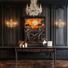 an elegant dining room with black walls and chandelier hanging from the ceiling, along with artwork on the wall