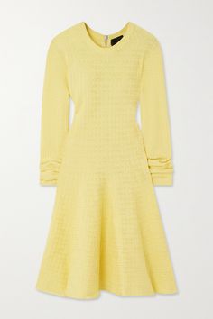 Givenchy's mini dress is jacquard-knitted with the house's 'G' logo throughout. It's cut in a sweet fit-and-flare silhouette and has long, knuckle-grazing sleeves. Complement the zesty yellow with warm jewelry. Beige Knit Dress, Long Slip Dress, Givenchy Women, Silk Mini Dress, Jacquard Knit, Knit Mini Dress, Knit Midi Dress, Sleeveless Mini Dress, Knee Length Skirt