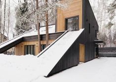 a house in the snow with stairs leading up to it's roof and windows