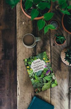 a book sitting on top of a wooden table next to a cup of coffee and potted plants