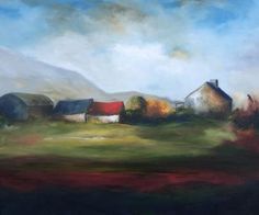 a painting of some houses in a field