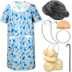 PRICES MAY VARY. Old Lady Dress up Costume Set: you will get 1 piece of women front closure housedress printed with flowers, 1 piece of adult fat suit, 1 granny wig, 1 grandma wig cap, 1 pair of granny glasses, 1 eyeglass chain, 1 granny faux pearl beads necklace and 1 adjustable crutch, 8 pieces of items in total, enough to play the role of an old lady at a party, suitable for cosplay, saving your time and energy in matching Cute Housedress: this old lady dress is made of cotton and polyester, Grandma Wig, Old Lady Wig, Granny Wig, Granny Costume, Old Lady Dress, Granny Glasses, Granny Dress, 100 Day Of School, Old Lady Costume