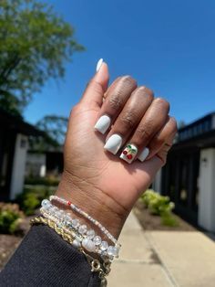 white set w a little fun!🍒 Acrylic Overlay, White Set, French Nails, White Nails, Short Nails, Summer Nails, Acrylic Nails, Nail Designs, Nail Art