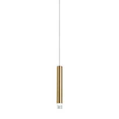 a white and gold colored light hanging from a ceiling fixture with two tubes attached to it