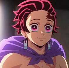 an anime character with pink eyes and purple hair