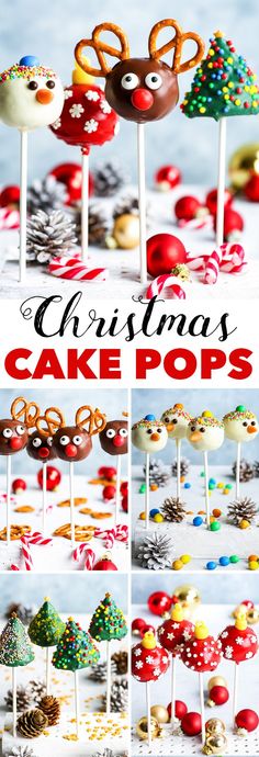 the christmas cake pops are decorated with candy and pretzels, then topped with reindeer noses