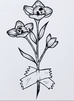 a black and white drawing of three flowers