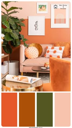 a living room with orange, green and pink colors in it's palettes