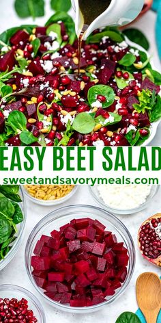 beet salad with dressing being poured onto it and surrounded by other ingredients including spinach, beans, feta cheese