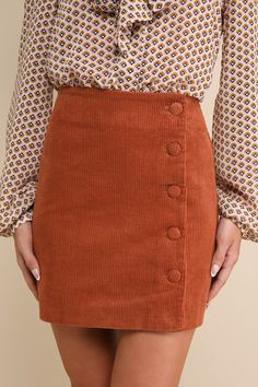 Keep it classic in the Lulus Katherina Rust Brown Button Front Corduroy Skirt! Soft and trendy corduroy shapes this high-waisted skirt with a flattering A-line silhouette and a row of functioning covered buttons along the side. Pair this skirt with a long sleeve top for a fall-approved look! Fit: This garment fits true to size. Length: Mid-thigh. Size medium measures 16.5" from waist to hem. Waist: Fitted - very fitted at natural waist. Hip: Loosely Fitted. Fabric: Fabric has no stretch. Unlined Lulu Skirt, Button Front Skirt, Corduroy Skirt, Front Design, Covered Buttons, A Line Skirts, Long Sleeve Top, High Waisted Skirt, Long Sleeve Tops