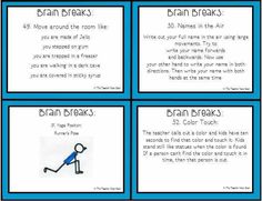 four cards with the words brain breaks and an image of a person holding a wrench