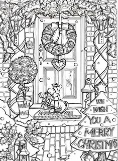 a black and white image of a door with flowers in the pot on it, surrounded by christmas decorations