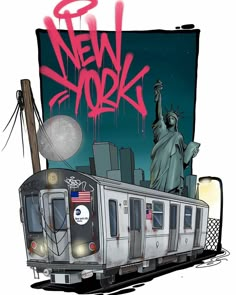 a drawing of the statue of liberty next to a subway car with graffiti on it