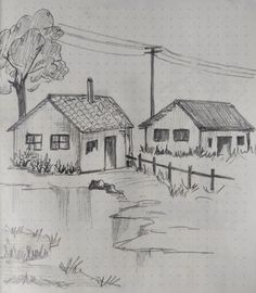 a pencil drawing of two houses next to each other