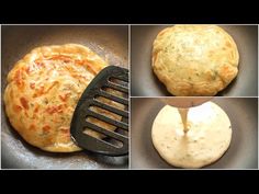 three pictures of different types of food being cooked in a skillet and then fried