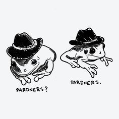 two cartoon figures with hats on their heads, one wearing a cowboy hat and the other as a frog