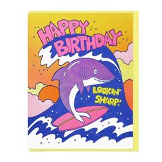 a birthday card with an image of a dolphin riding a surfboard