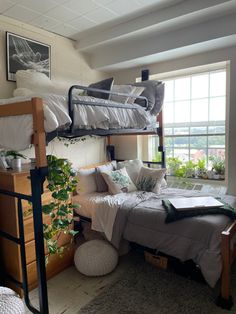 a bedroom with bunk beds and plants in the window sill, along with other furniture