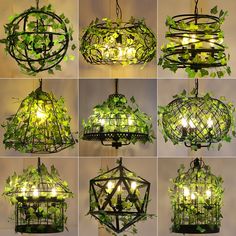 several different types of lights that are hanging from the ceiling and covered in ivy leaves