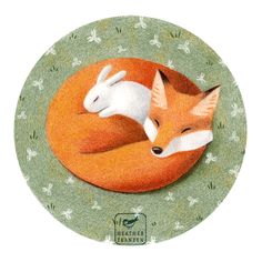 an orange and white fox laying on top of a green circle with butterflies around it