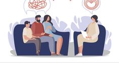 three people sitting on couches talking to each other with thought bubbles above their heads