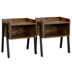 two wooden side tables with black metal legs