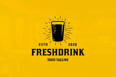 a yellow background with the words freshdrink on it and a glass filled with liquid