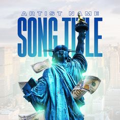 the statue of liberty is holding money in front of a cityscape that reads song tile