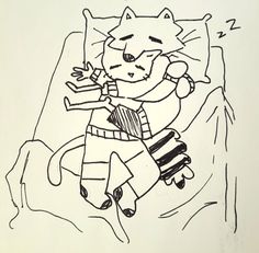 a black and white drawing of a cat laying in bed