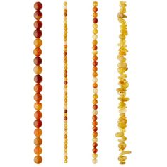 four beads are arranged in different shapes and sizes, including oranges and yellows