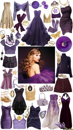 a collage of purple and gold dresses, shoes, hats, and accessories in various colors