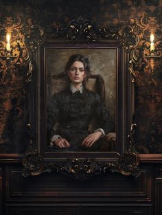 an oil painting of a woman sitting in a chair