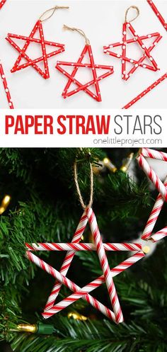 paper straw star ornament hanging from a christmas tree