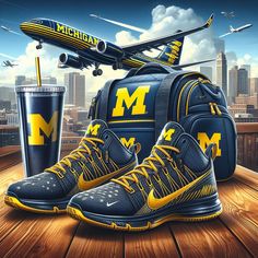 a pair of nike shoes and a michigan university backpack on a wooden table with a city skyline in the background