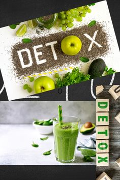 the collage shows different fruits and vegetables with words detoxx written on them