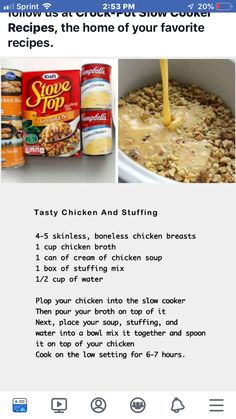 the recipe for chicken and stuffing is shown on an instagramture page, along with instructions to make it