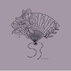 a black and white drawing of a fan with flowers in it on a purple background