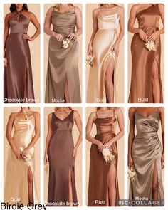 bridesmaid dresses in different colors and styles, with the names on each side