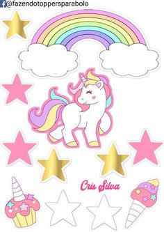 a unicorn sticker with stars, clouds and cupcakes in the foreground