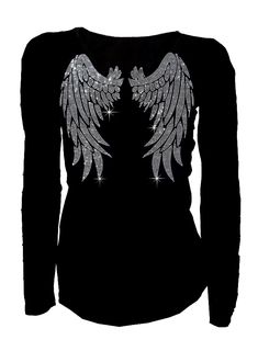 "So Cute &  Blinging Rhinestone Angel Wings Women's Tops Shirts  Bling Cute T-Shirt New Trend Wings Shirt  S~4X Long Sleeves Choose Size   S,M,L, XL 1XL, 2XL, 3XL ,4XL Great Deal !!  Color ; Black  95% Cotton 5% Spandex Bust (Laying flat, Armpit to Armpit): (Small)  16 \" (Medium)  17 \" (Large)  18 \" ( XL)   19 \" (1XL)  20 \" (2XL)  23 \" (3XL)  25 \" (4XL)  26 \"" Angel Wings Shirt Design, Black Long Sleeve Tops With Rhinestones, Voodoo Dolls, Goth Outfits, New Trend, Cute Tshirts, Newest Trends, New Trends, Women's Tops