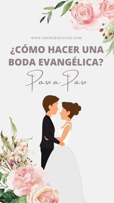 a bride and groom kissing in front of pink flowers with the words, como hacer una