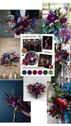 a collage of photos with different flowers and color swatches on them, including the bridesmaid's bouquet