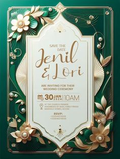 a green and gold wedding card with flowers on the front, in an art deco style