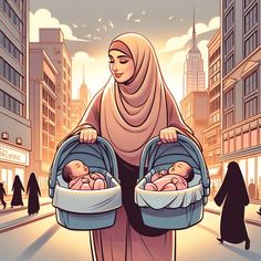 a woman carrying two babies in strollers down a street with tall buildings behind her