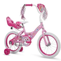 Enhance playtime fun with the Disney Princess 16" Girls' EZ-Build Pink Bike. It's quick and easy to assemble and comes together in just four easy steps. Simply insert the training wheels, insert the handlebar and fork, fold down the pedals and insert the seat. Put on the finishing touches by connecting the carrier. Then, it's ready for your child to enjoy riding around the neighborhood. This 16" Disney princess bike with doll carrier flaunts sparkling pink and silver streamers with heart-shaped Bike With Training Wheels, Carros Bmw, Pink Bike, Steel Bicycle, Doll Carrier, Disney Princess Cinderella, Disney Princess Ariel, Princess Kids, Kids Bicycle