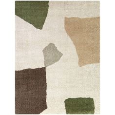 an area rug with various colors and shapes on the floor, including green, brown, beige